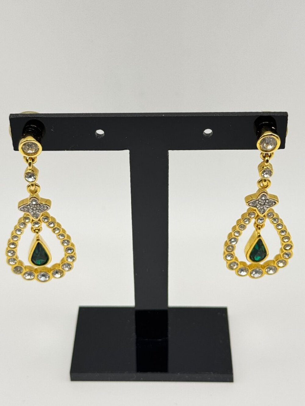 Gold Tone Teardrop Dangle Earrings Clear Cz Crystal Green Stone Gift Formal